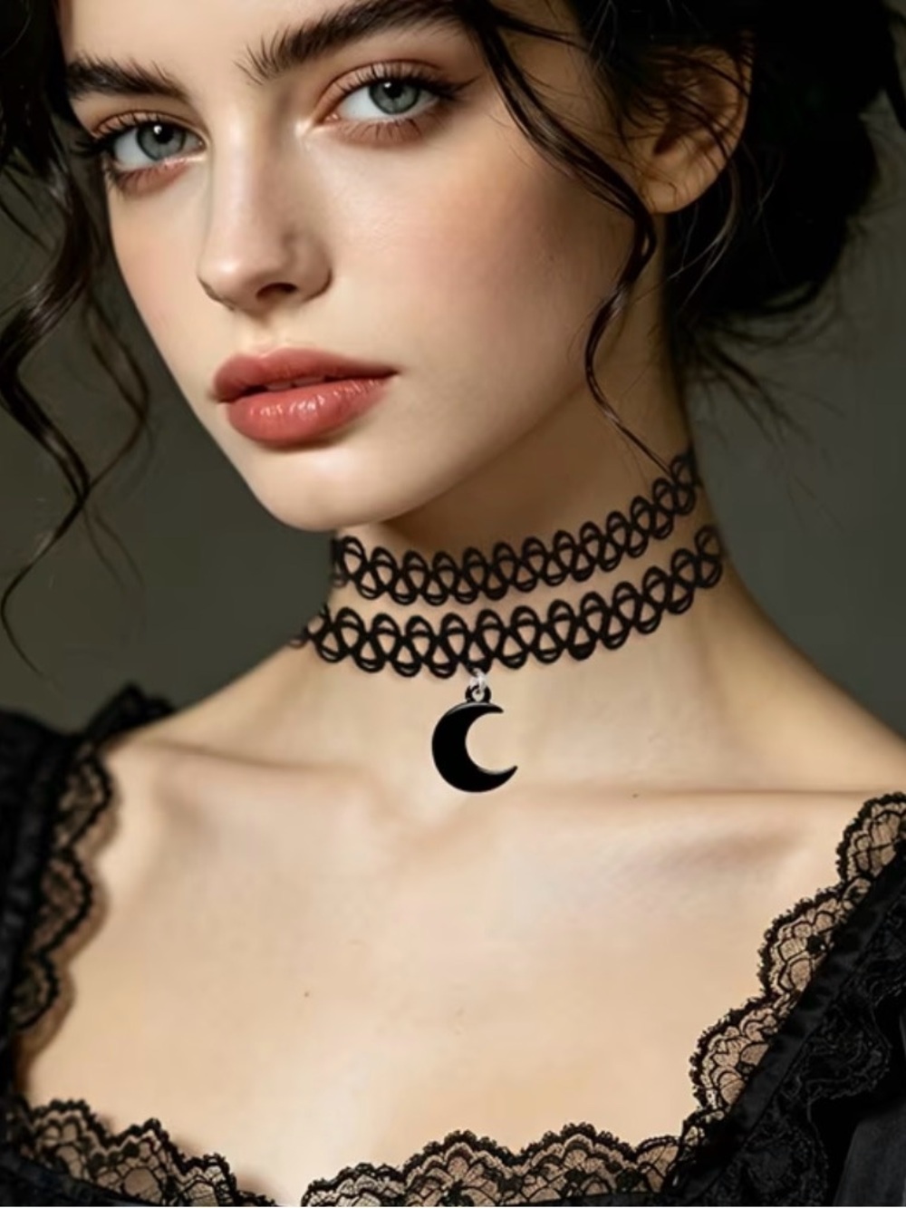 Black Moon Charm Double-Layer Choker Necklace - Women Jewelry